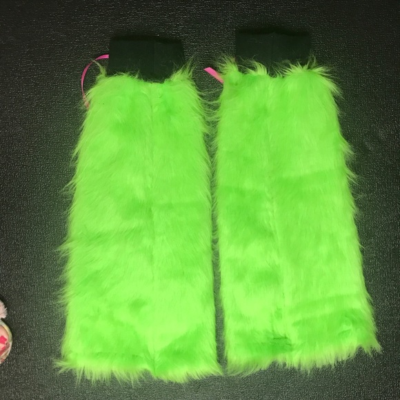 Neon Green Fur Leg Warmers Flared Boot Covers Corset Legwarmers Monster Costume - Picture 7 of 8